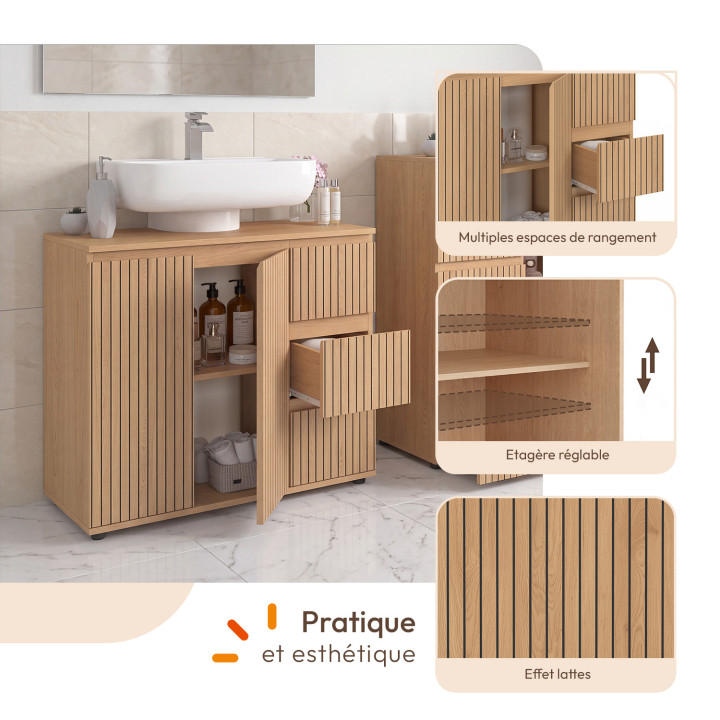 Meuble sous lavabo salle de bain VICTOR avec placard et 3 tiroirs effet lattes