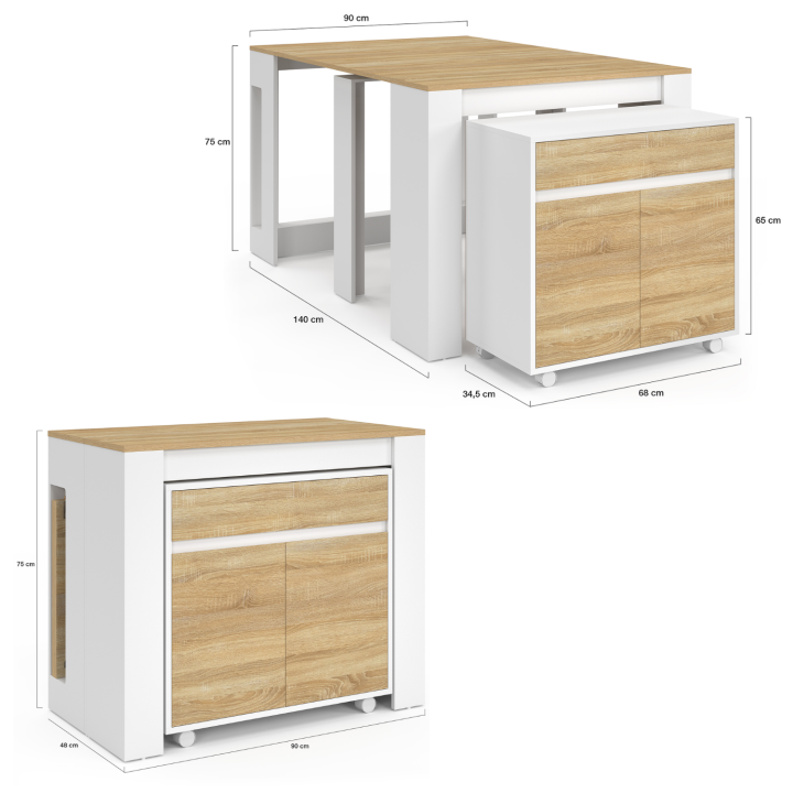 Table buffet extensible ORLANDO 10 personnes bois et blanc 140 cm