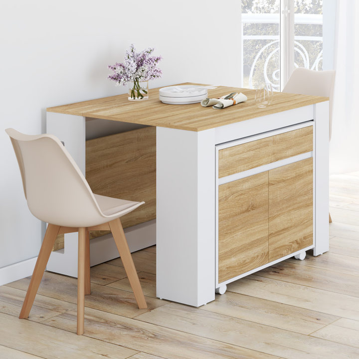 Ausziehbarer Buffettisch ORLANDO für 6 Personen, 140 cm, weißes Holz in Buche-Optik