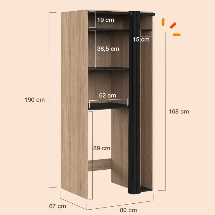 Meuble de buanderie machine à laver avec rideau coulissant emplacement table à repasser WALLIS bois façon hêtre et noir