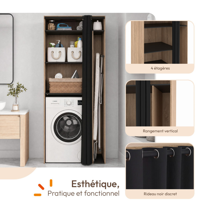 Meuble de buanderie machine à laver avec rideau coulissant emplacement table à repasser WALLIS bois façon hêtre et noir