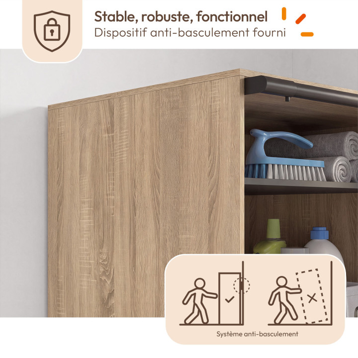 Mueble de lavadero con lavadora, cortina corredera y espacio para la tabla de planchar WALLIS, en madera con acabado de haya y n