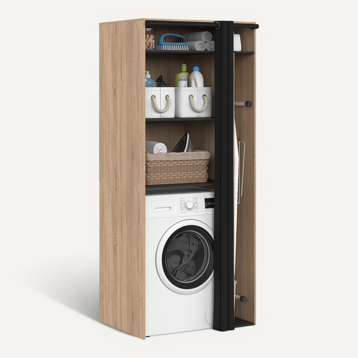 Wasruimtekast voor wasmachine met schuifgordijn en ruimte voor strijkplank WALLIS, hout in beukenhoutlook en zwart
