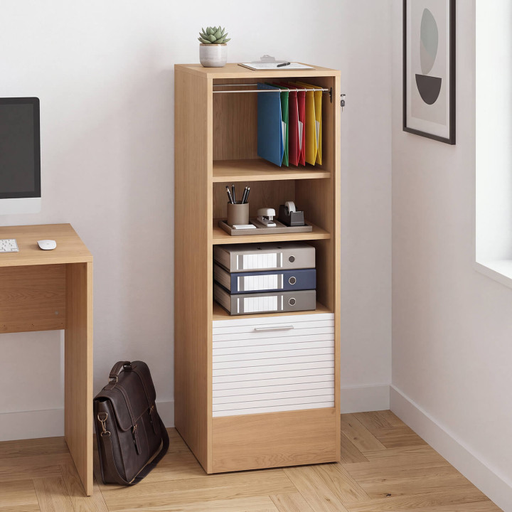 Classeur à rideau verrouillable 4 tablettes H.115 cm blanc et bois