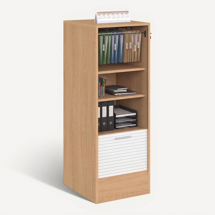 Abschließbarer Aktenschrank mit Rollladen, 4 Einlegeböden, H. 110 cm, weiß und Holz