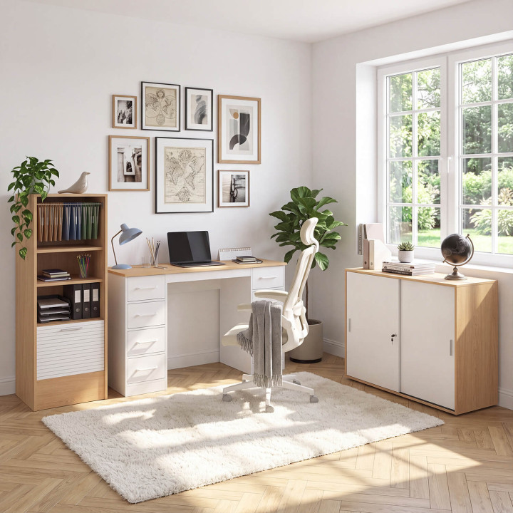 Classeur à rideau verrouillable 4 tablettes H.115 cm blanc et bois