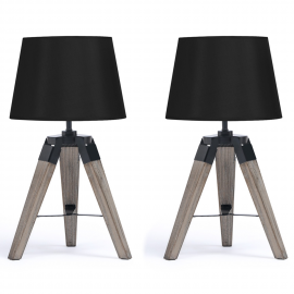 Lot de 2 lampes de chevet trépied HILDA en bois foncé noires Lot de 2 lampes de chevet trépied HILDA en bois foncé noires