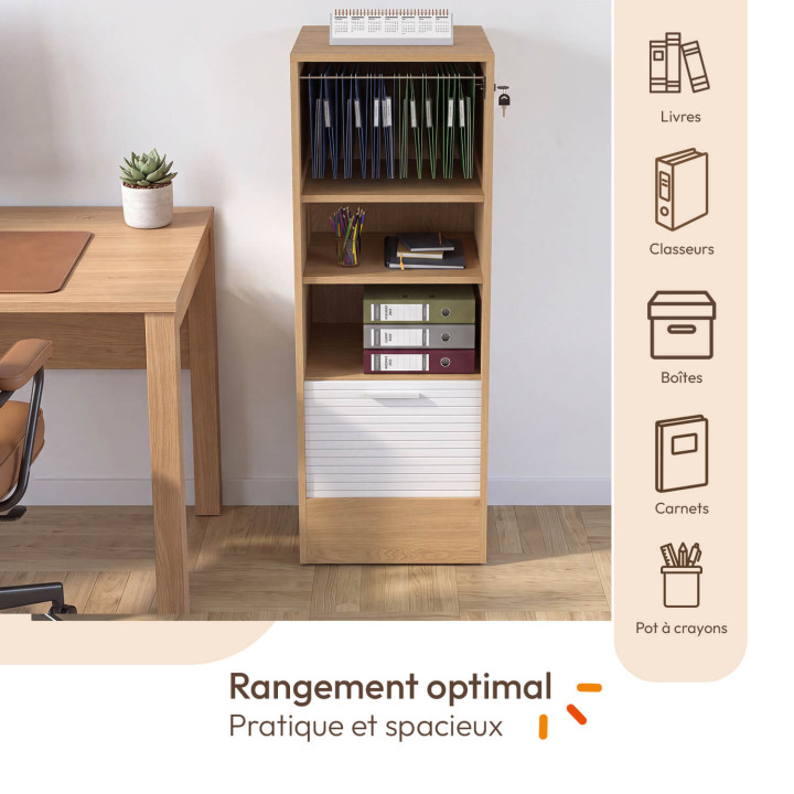 Abschließbarer Aktenschrank mit Rollladen, 4 Einlegeböden, H. 110 cm, weiß und Holz