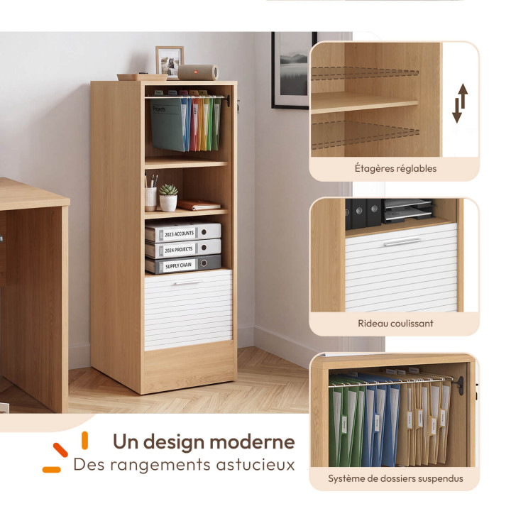 Mueble archivador con puerta enrollable con cerradura, 4 estantes, 110 cm de altura, blanco y madera