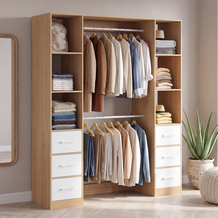 UPPAH armario doble + columna doble L. 140 cm con 6 estantes y 6 cubos en madera y tela blanca