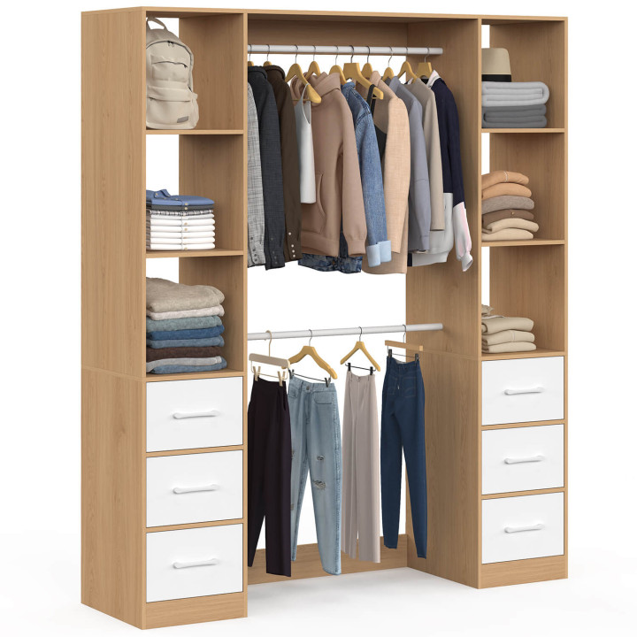 Dressing double penderie + double colonne L. 140 cm UPPAH avec 6 étagères et 6 bacs en tissu bois et blanc