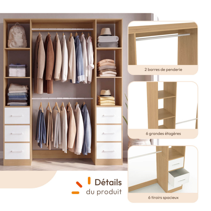 Dressing double penderie + double colonne L. 140 cm UPPAH avec 6 étagères et 6 bacs en tissu bois et blanc