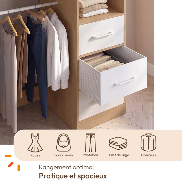 UPPAH dubbele kast + dubbele kolom L. 140 cm met 6 legplanken en 6 bakken in hout en witte stof