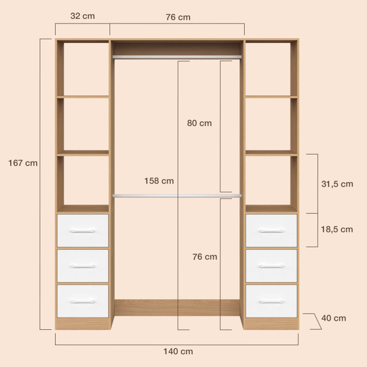 UPPAH armario doble + columna doble L. 140 cm con 6 estantes y 6 cubos en madera y tela blanca