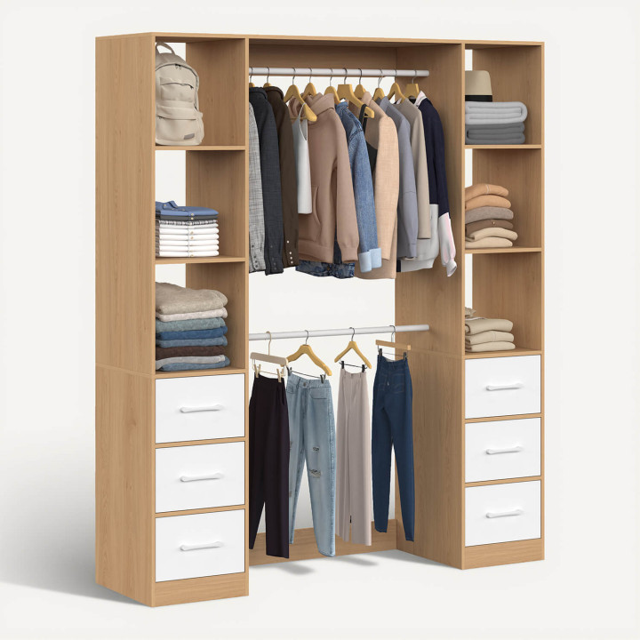 UPPAH armario doble + columna doble L. 140 cm con 6 estantes y 6 cubos en madera y tela blanca