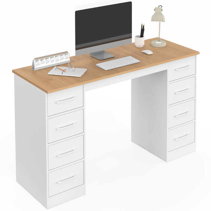 Bureau avec 8 tiroirs en tissu 120x45 cm UPPAH blanc et bois