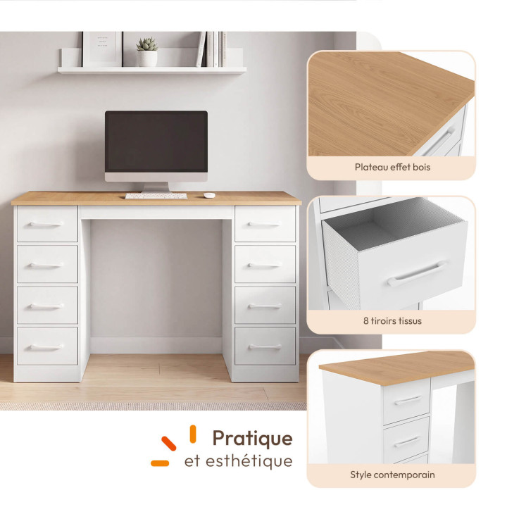 Bureau met 8 stoffen lades, 120 x 45 cm, UPPAH, wit en hout