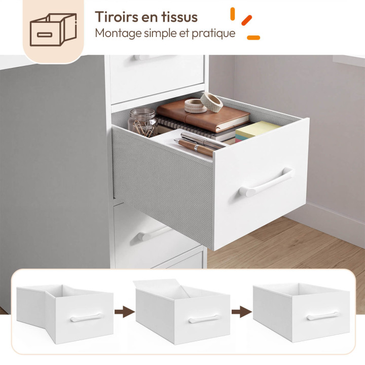 Escritorio con 8 cajones de tela, 120 x 45 cm, modelo UPPAH, en blanco y madera