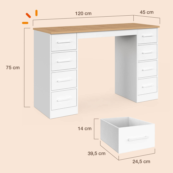 Bureau met 8 stoffen lades, 120 x 45 cm, UPPAH, wit en hout