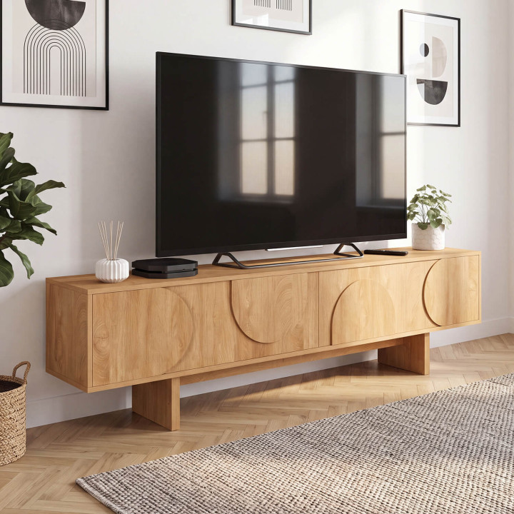 Meuble TV 180 cm ARVIN 2 portes à reliefs arrondis bois clair