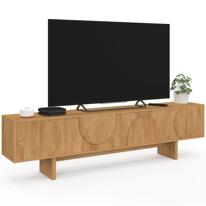 180 cm breiter TV-Schrank „ARVIN“ mit 2 Türen und abgerundeten Reliefs aus hellem Holz