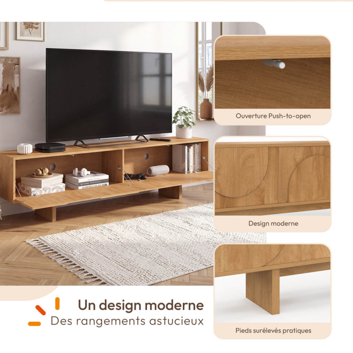 ARVIN tv-meubel van 180 cm met 2 deuren en afgeronde reliëfdetails, licht hout