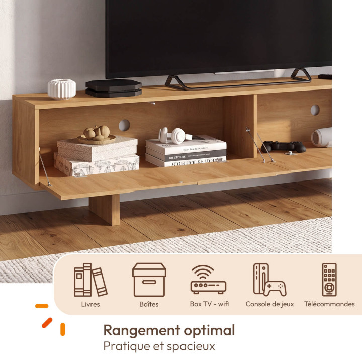 ARVIN tv-meubel van 180 cm met 2 deuren en afgeronde reliëfdetails, licht hout