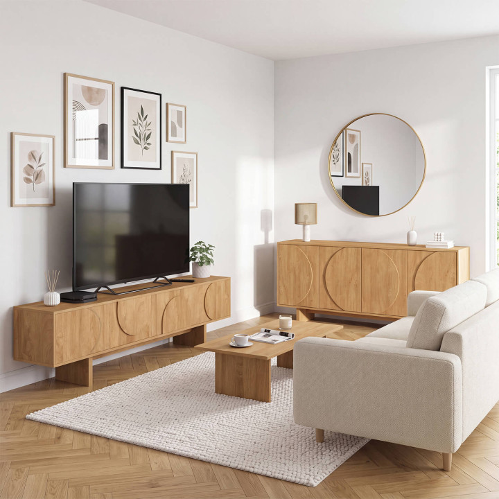 180 cm breiter TV-Schrank „ARVIN“ mit 2 Türen und abgerundeten Reliefs aus hellem Holz