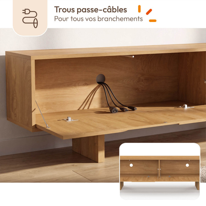ARVIN tv-meubel van 180 cm met 2 deuren en afgeronde reliëfdetails, licht hout