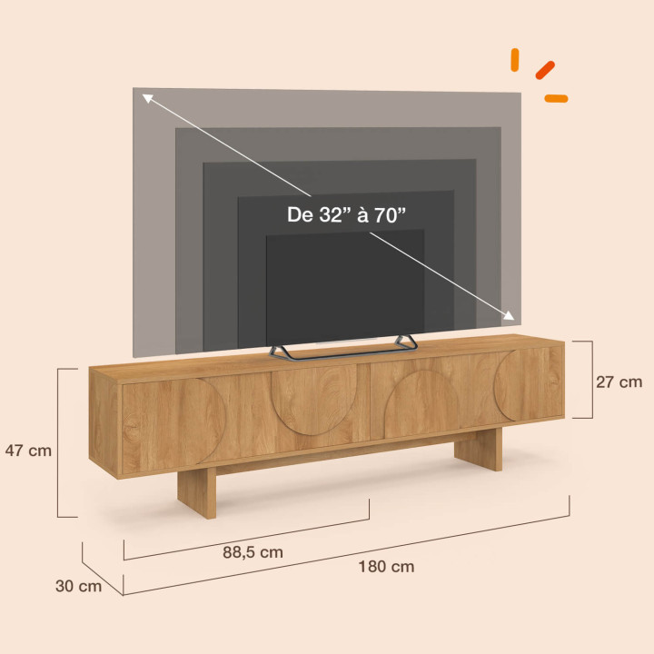 Meuble TV 180 cm ARVIN 2 portes à reliefs arrondis bois clair