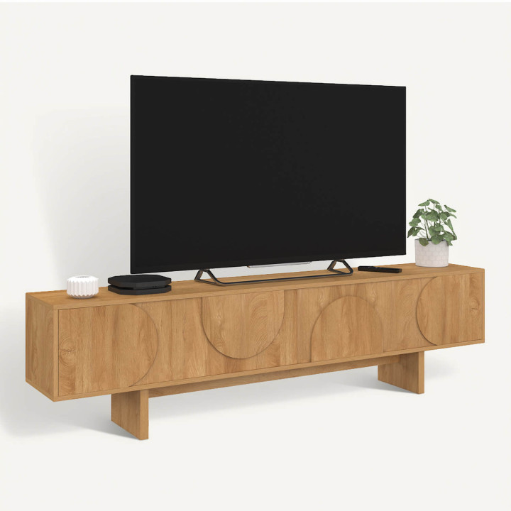 Meuble TV 180 cm ARVIN 2 portes à reliefs arrondis bois clair