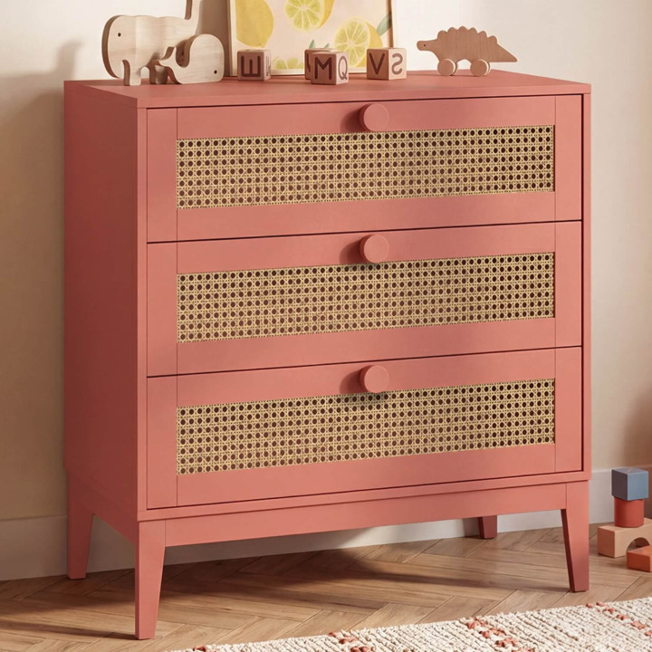 ADELIE 80 cm kindercommode met 3 laden in riet en oudroze