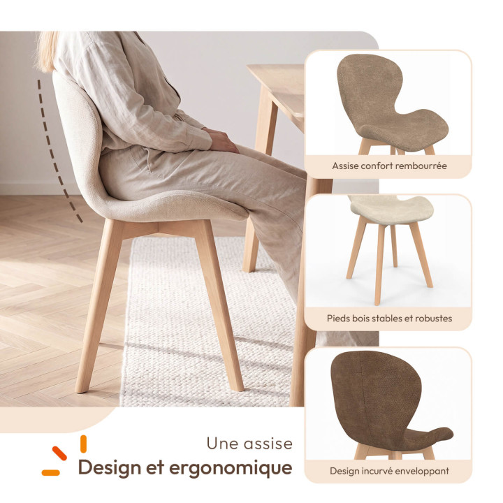 Set van 6 ROBINE stoelen in chenille stof mix kleur taupe x2, beige x2, bruin x2