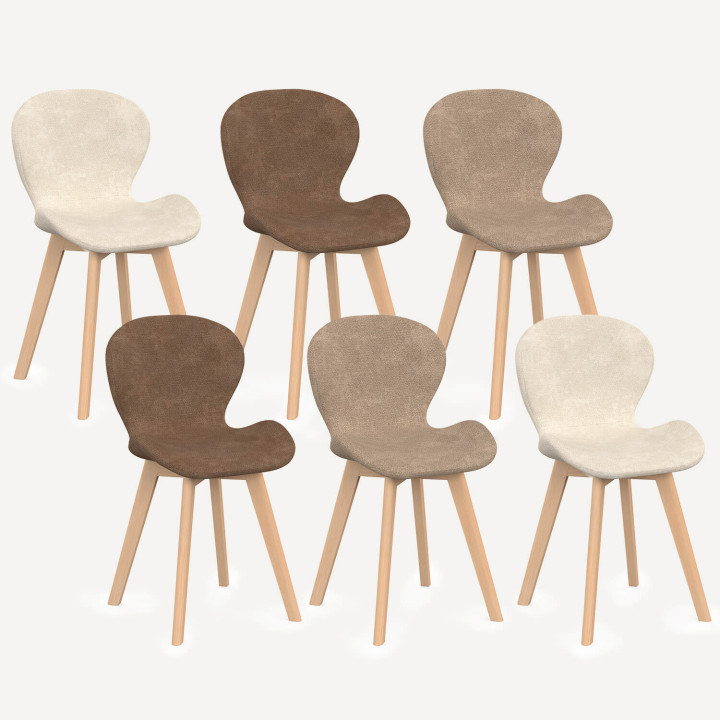 Set van 6 ROBINE stoelen in chenille stof mix kleur taupe x2, beige x2, bruin x2
