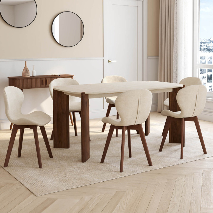 Set di 6 sedie ROBINE in tessuto di ciniglia beige con gambe in noce