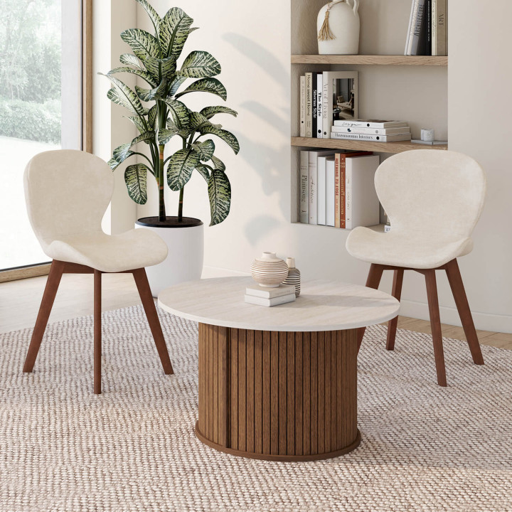 Set van 6 ROBINE stoelen in beige chenille stof met walnoten poten