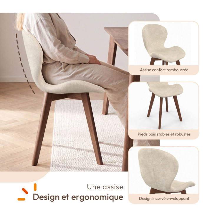 Lot de 6 chaises ROBINE en tissu chenille beige pieds noyer