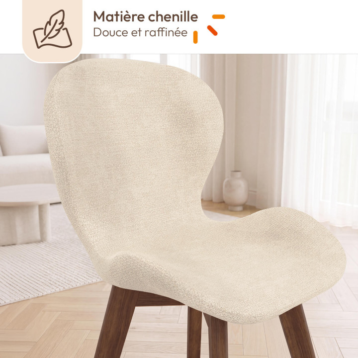Lote de 6 sillas ROBINE de tela de chenilla beige con patas de nogal