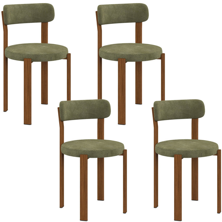 Set van 4 NELLA-stoelen van groene chenille-stof met notenhouten poten voor in de eetkamer