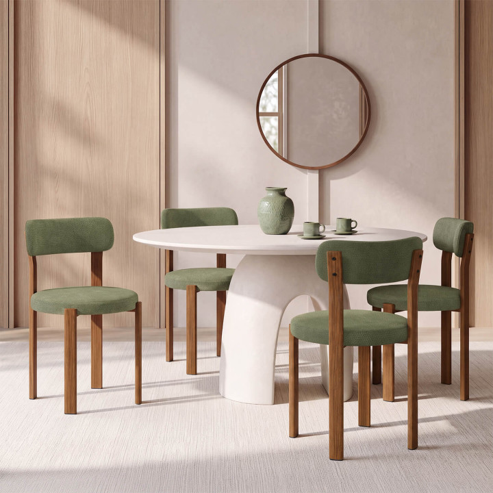 Set van 4 NELLA-stoelen van groene chenille-stof met notenhouten poten voor in de eetkamer