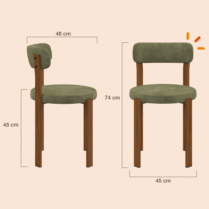 Set van 4 NELLA-stoelen van groene chenille-stof met notenhouten poten voor in de eetkamer