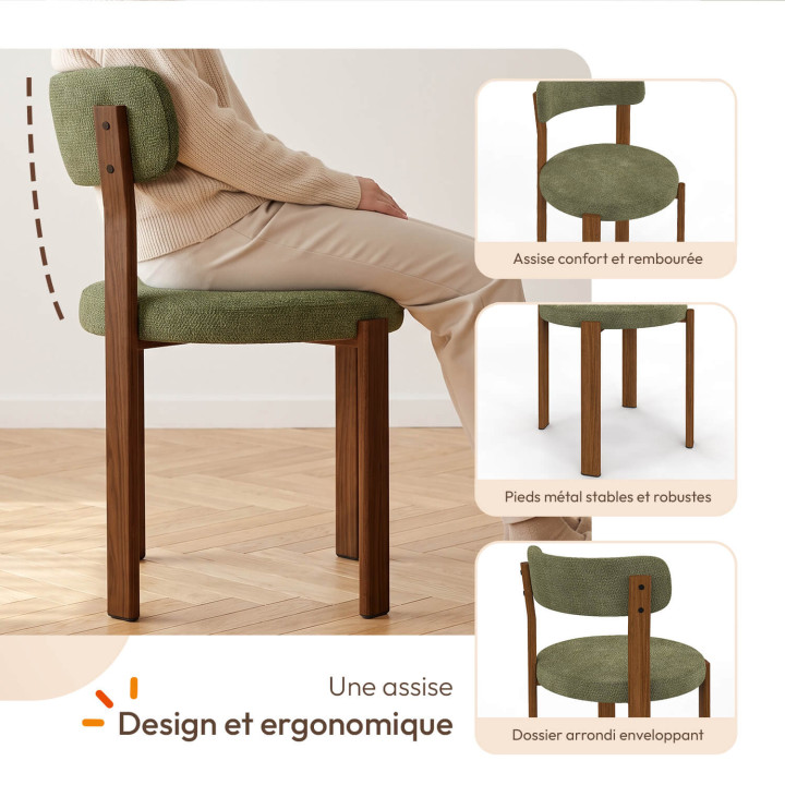 Lot de 4 chaises NELLA en tissu chenille verte pieds noyer pour salle à manger