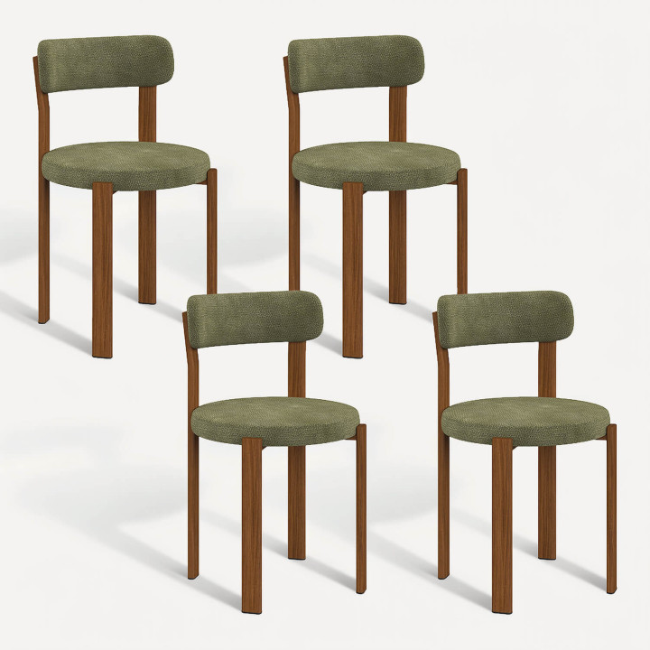 Lot de 4 chaises NELLA en tissu chenille verte pieds noyer pour salle à manger