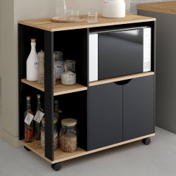 Dientafeltje op wielen, 76 cm, zwart hout en imitatiebeukenhouten plateaus - COSI