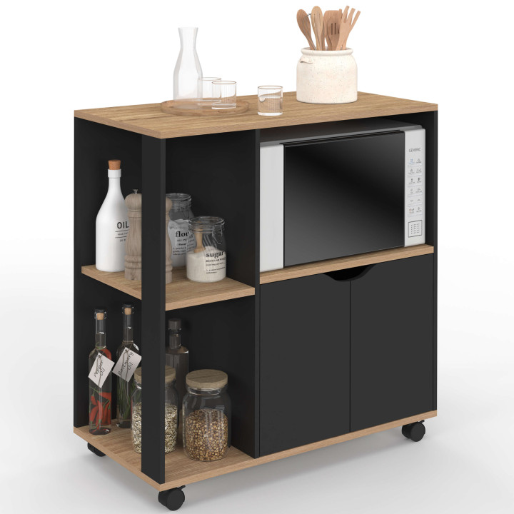 Desserte de cuisine COSI bois noir et plateaux façon hêtre L.76 CM