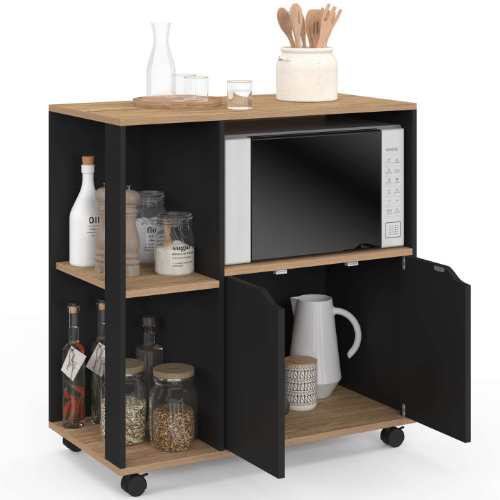 Desserte de cuisine COSI bois noir et plateaux façon hêtre L.76 CM