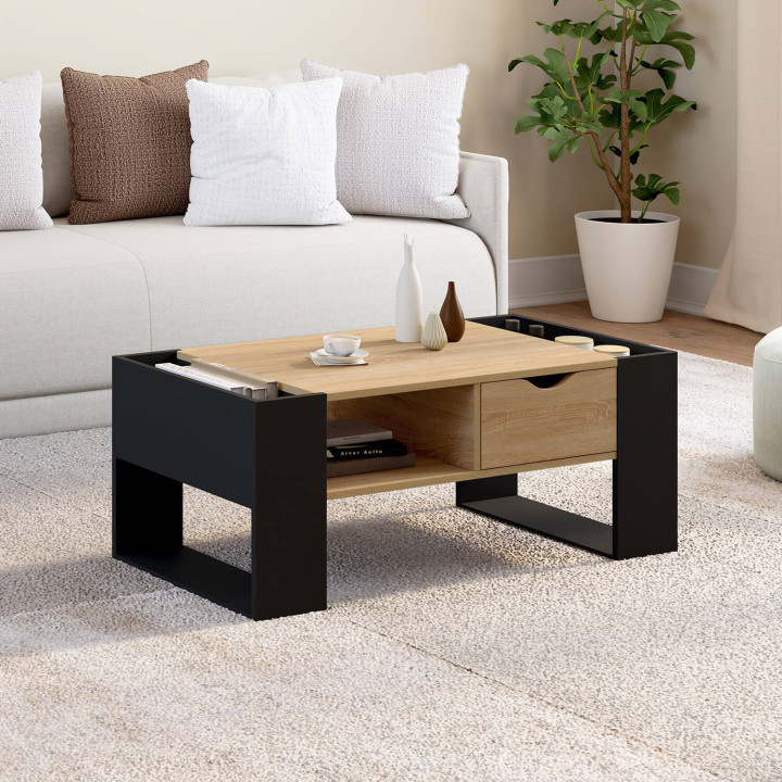Rechteckiger Couchtisch mit Schublade aus schwarzem Holz und Buchenholzoptik - BERYL