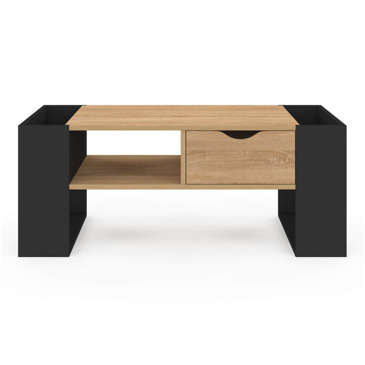 Table basse rectangulaire BERYL avec tiroir bois noir et façon hêtre