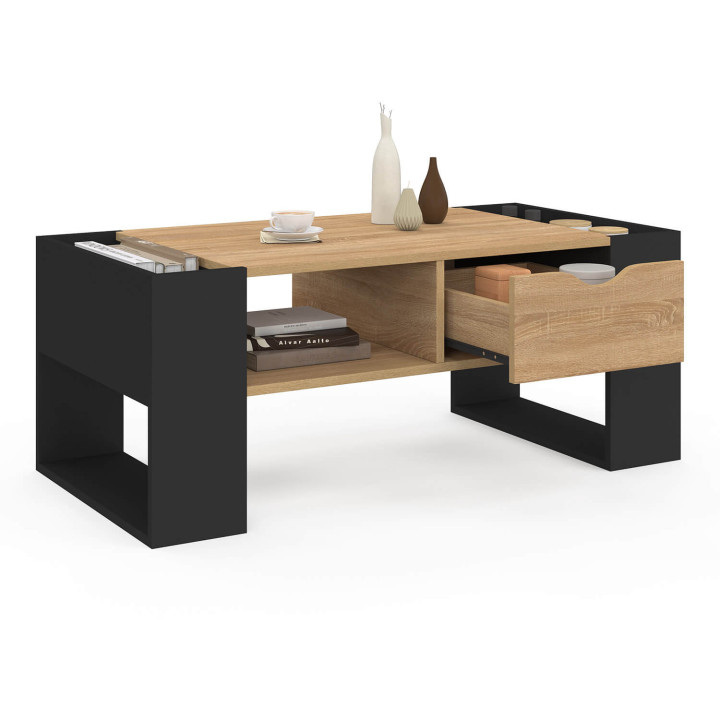 Table basse rectangulaire BERYL avec tiroir bois noir et façon hêtre