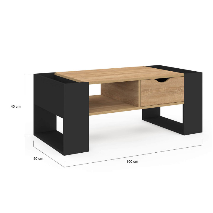 Table basse rectangulaire BERYL avec tiroir bois noir et façon hêtre
